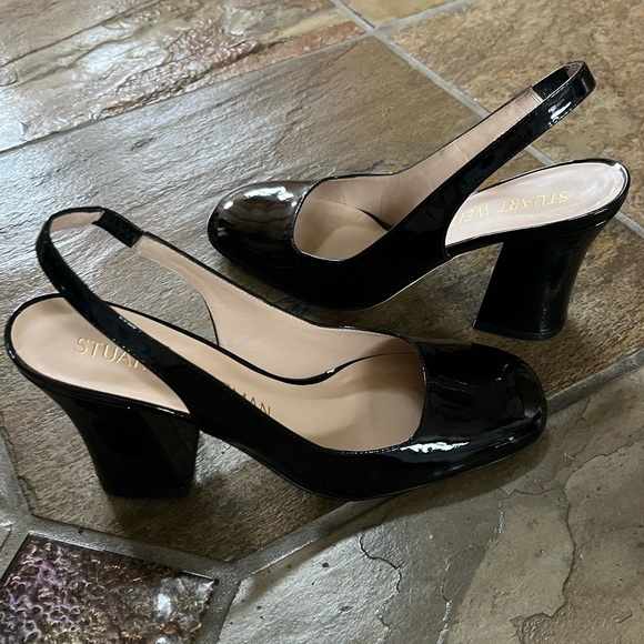 🍃💕NIB STUART WEITZMAN Curve 85 Black Patent Block Heel Slingback Pump Size 9.5 - Picture 4 of 16